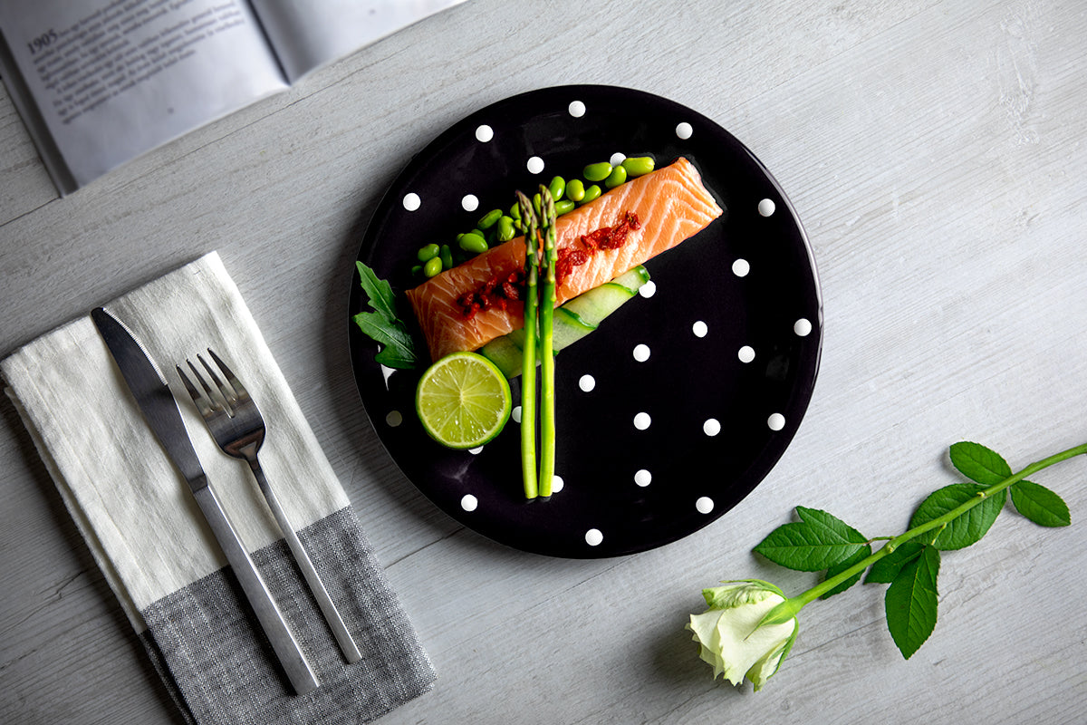 Black And White Polka Dot Spotty Handmade Hand Painted Glazed Ceramic Flat Dinner Plate