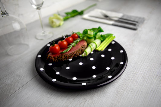 Black And White Polka Dot Spotty Handmade Hand Painted Glazed Ceramic Flat Dinner Plate