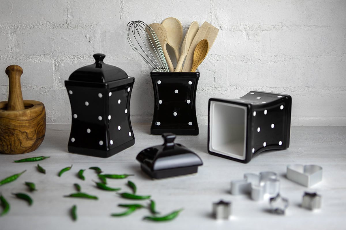 Black and White Polka Dot Pottery Handmade Hand Painted Large Ceramic Kitchen Storage Jar Set Canister Set - Same Size Jars