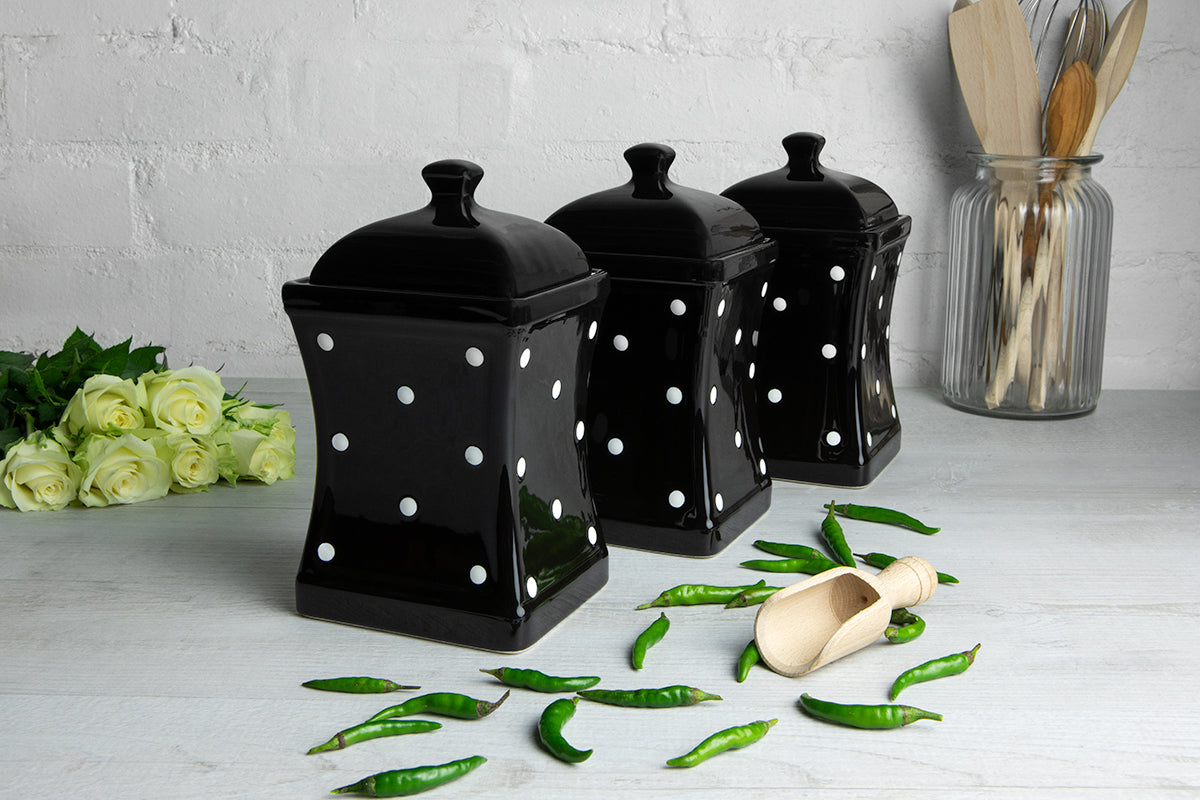 Black and White Polka Dot Pottery Handmade Hand Painted Large Ceramic Kitchen Storage Jar Set Canister Set - Same Size Jars