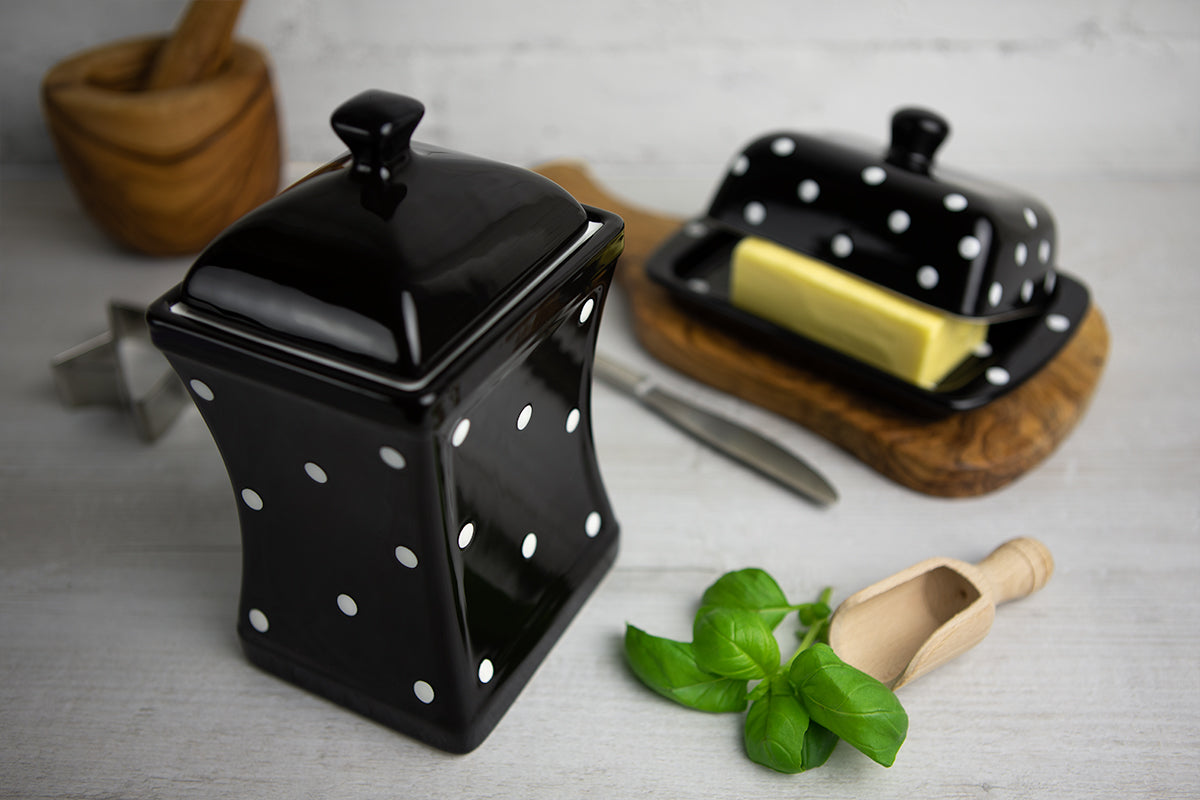 Black and White Polka Dot Pottery Handmade Hand Painted Large Ceramic Kitchen Storage Jar Set Canister Set - Same Size Jars