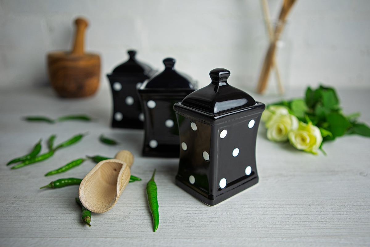 Black and White Polka Dot Pottery Handmade Hand Painted Small Ceramic Kitchen Herb Spice Jars Canister Set - Same Size Jars