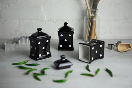 Black and White Polka Dot Pottery Handmade Hand Painted Small Ceramic Kitchen Herb Spice Jars Canister Set - Same Size Jars