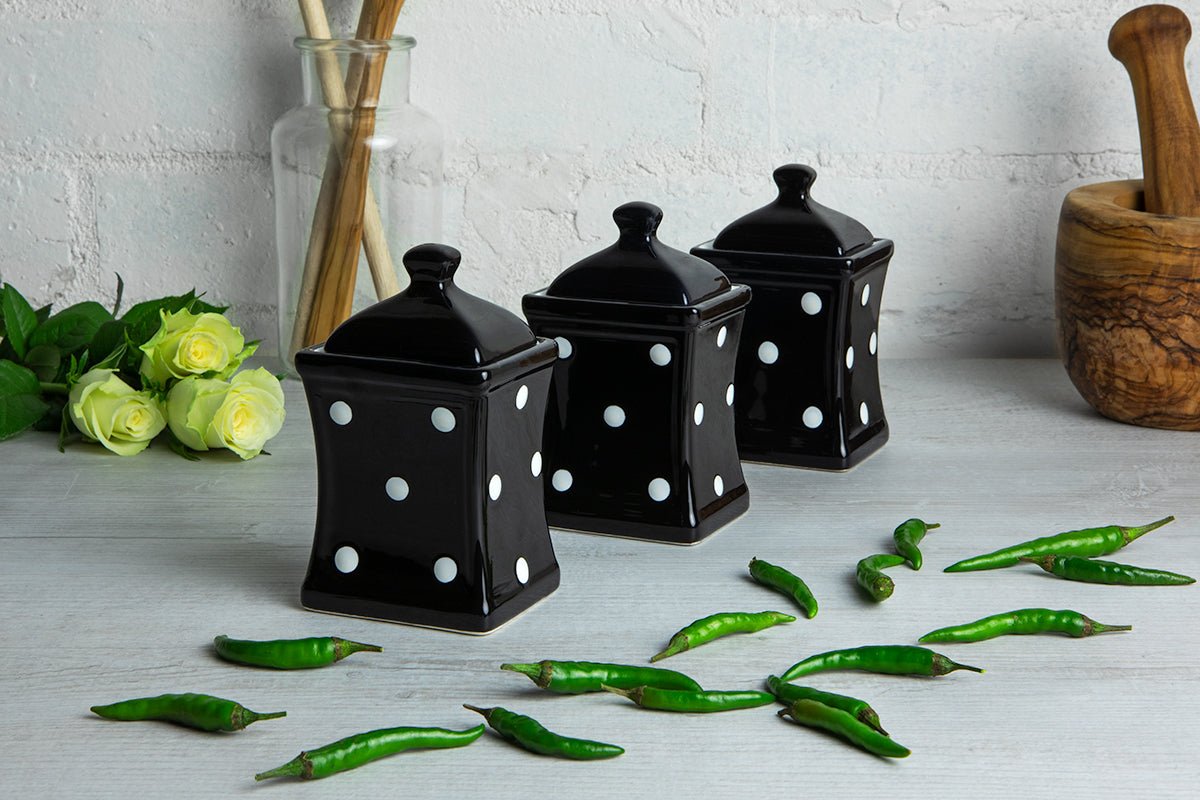 Black and White Polka Dot Pottery Handmade Hand Painted Small Ceramic Kitchen Herb Spice Jars Canister Set - Same Size Jars