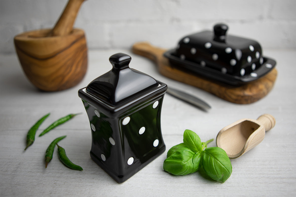 Black and White Polka Dot Pottery Handmade Hand Painted Small Ceramic Kitchen Herb Spice Jars Canister Set - Same Size Jars