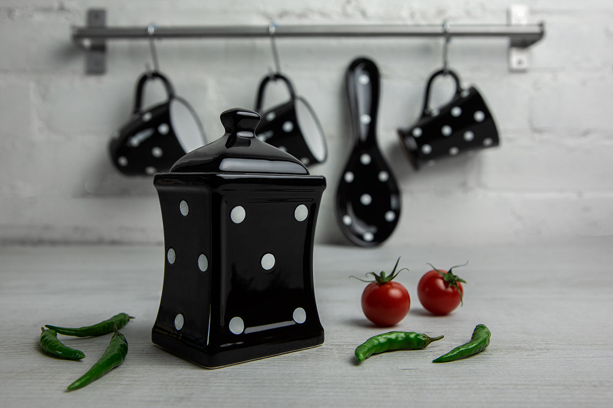 Black and White Polka Dot Pottery Handmade Hand Painted Small Ceramic Kitchen Herb Spice Jars Canister Set - Same Size Jars