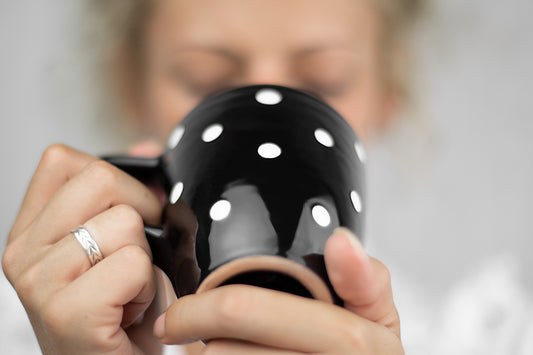 Black And White Polka Dot Spotty Designer Handmade Hand Painted Unique Ceramic 10oz-300ml Coffee Tea Mug with Large Handle