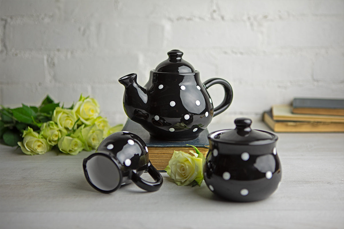 Black and White Polka Dot Pottery Handmade Hand Painted Ceramic Teapot Milk Jug Sugar Bowl Set