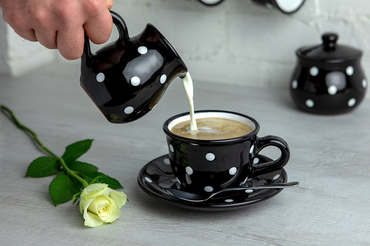 Black and White Polka Dot Pottery Handmade Hand Painted Ceramic Teapot Milk Jug Sugar Bowl Set With Two Cups and Saucers