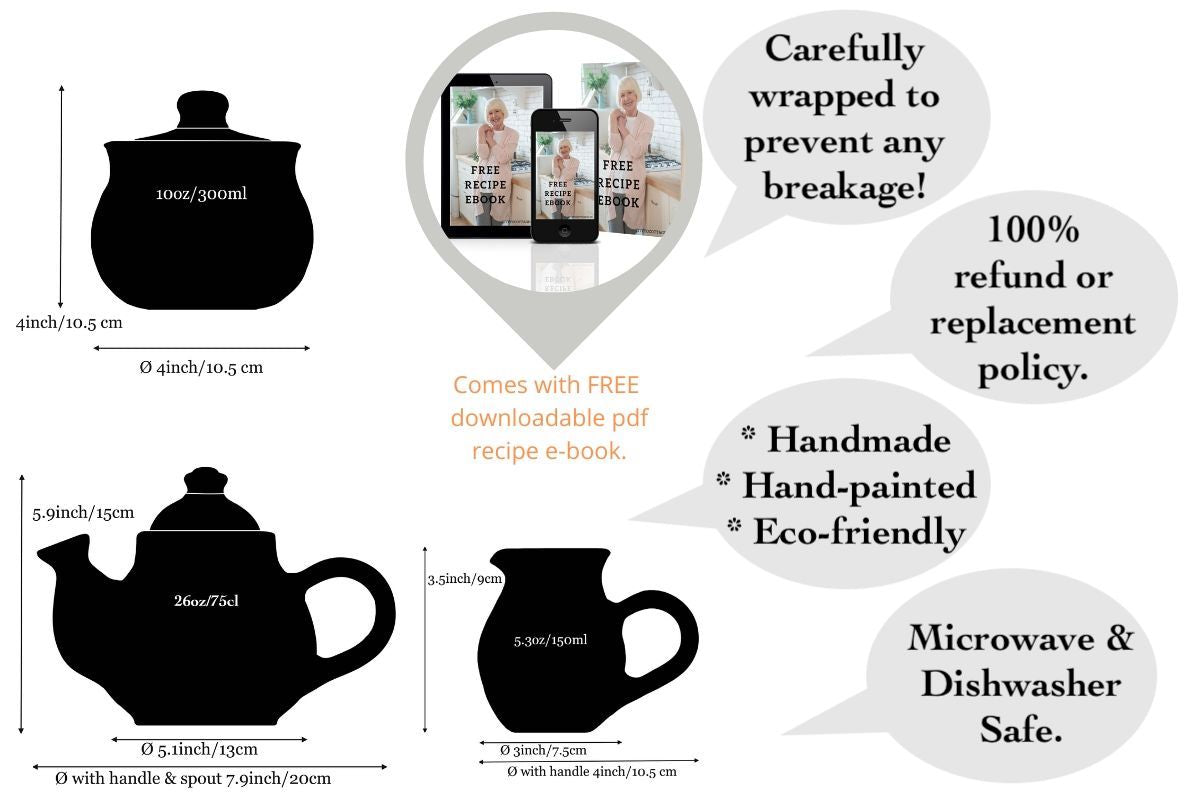 Black and White Polka Dot Pottery Handmade Hand Painted Ceramic Teapot Milk Jug Sugar Bowl Set