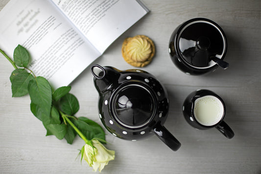 Black and White Polka Dot Pottery Handmade Hand Painted Ceramic Teapot Milk Jug Sugar Bowl Set