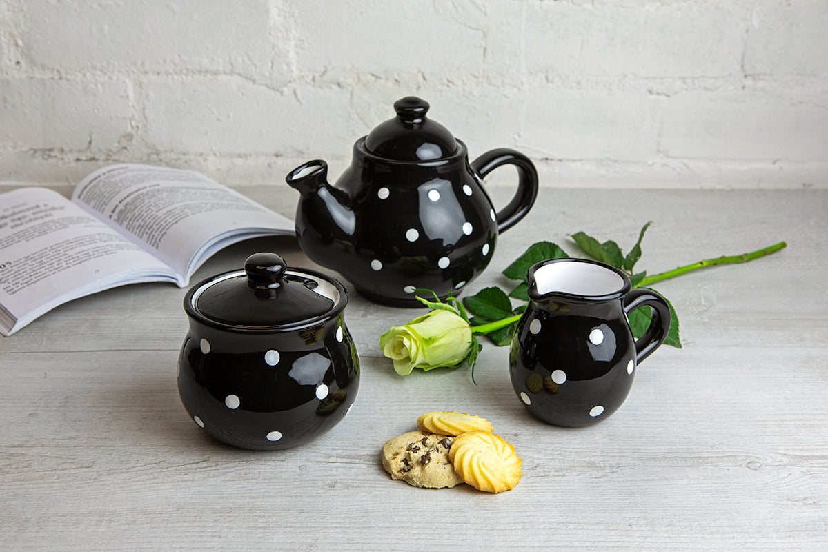 Black and White Polka Dot Pottery Handmade Hand Painted Ceramic Teapot Milk Jug Sugar Bowl Set