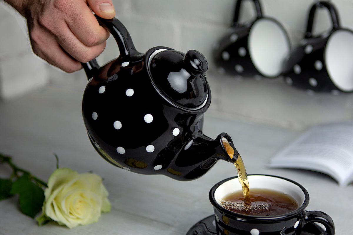 Black and White Polka Dot Pottery Handmade Hand Painted Ceramic Teapot Milk Jug Sugar Bowl Set