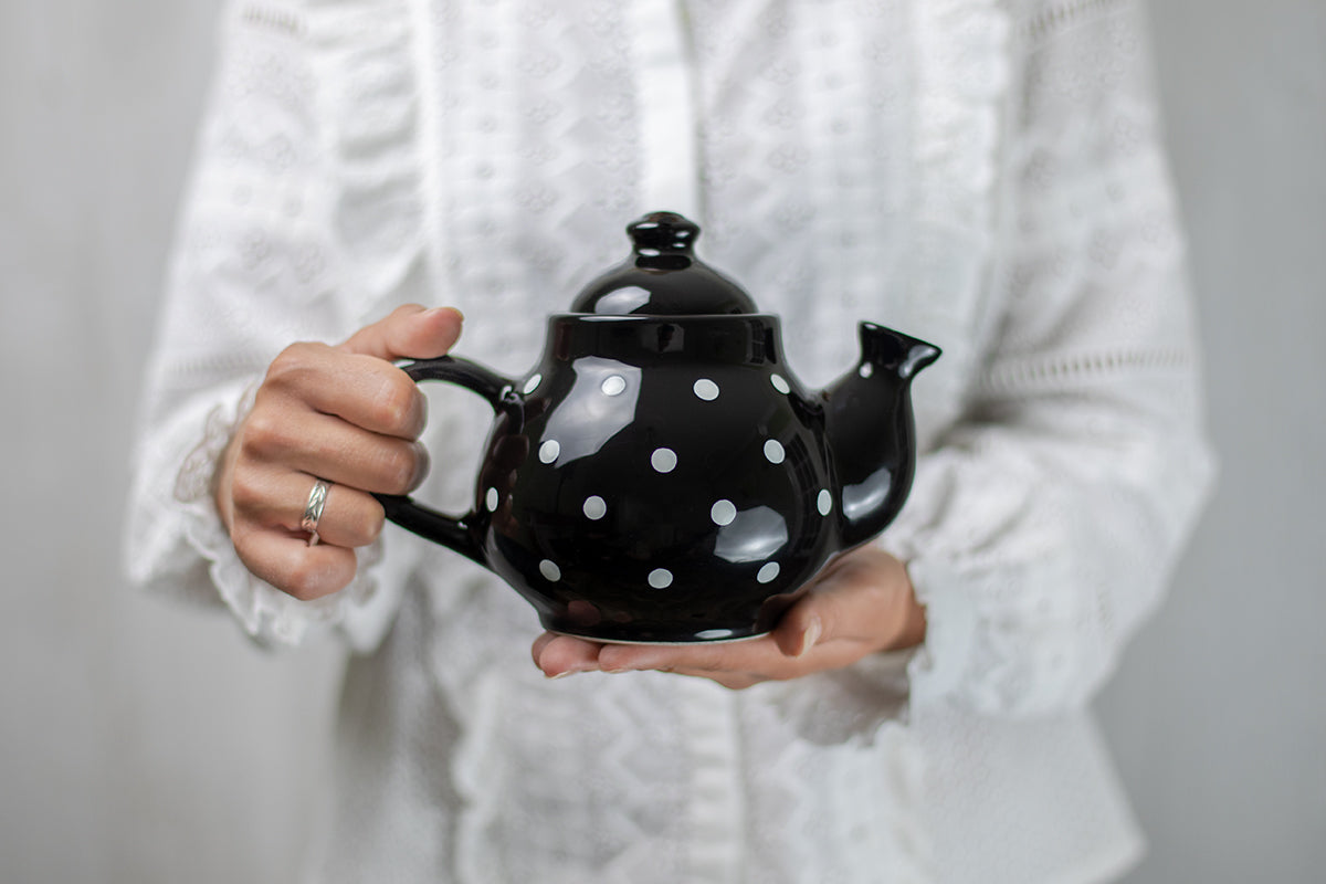 Black and White Polka Dot Pottery Handmade Hand Painted Ceramic Teapot Milk Jug Sugar Bowl Set