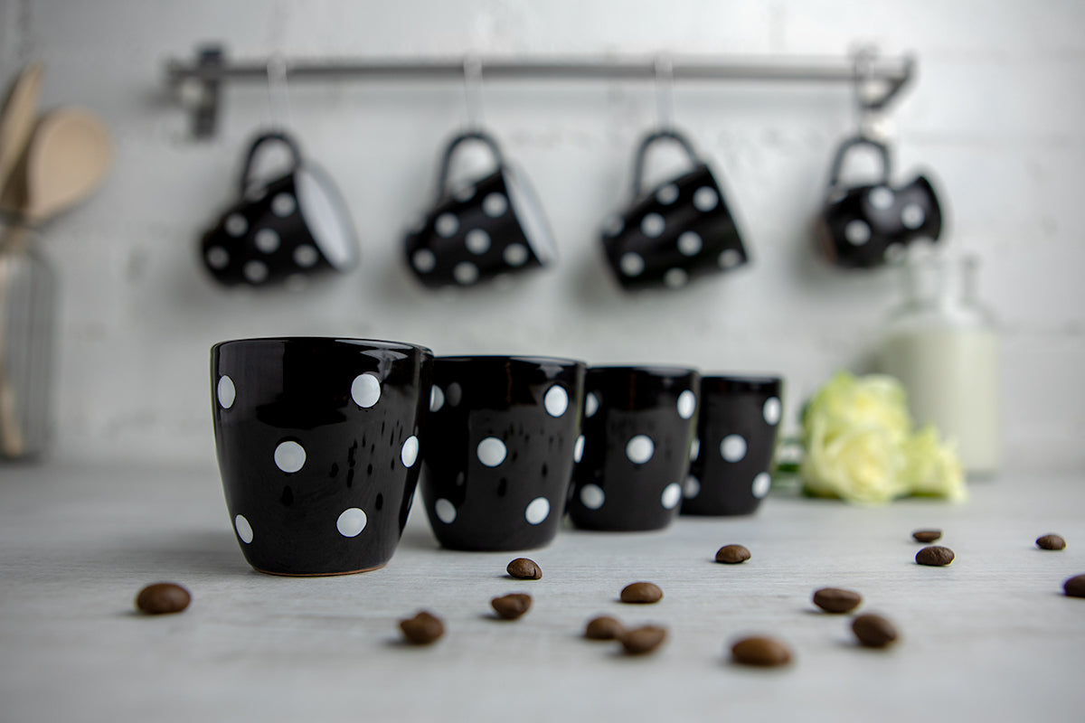 Black And White Polka Dot Spotty Designer Handmade Unique Ceramic 2oz-60ml Espresso Coffee Cup Set of 4