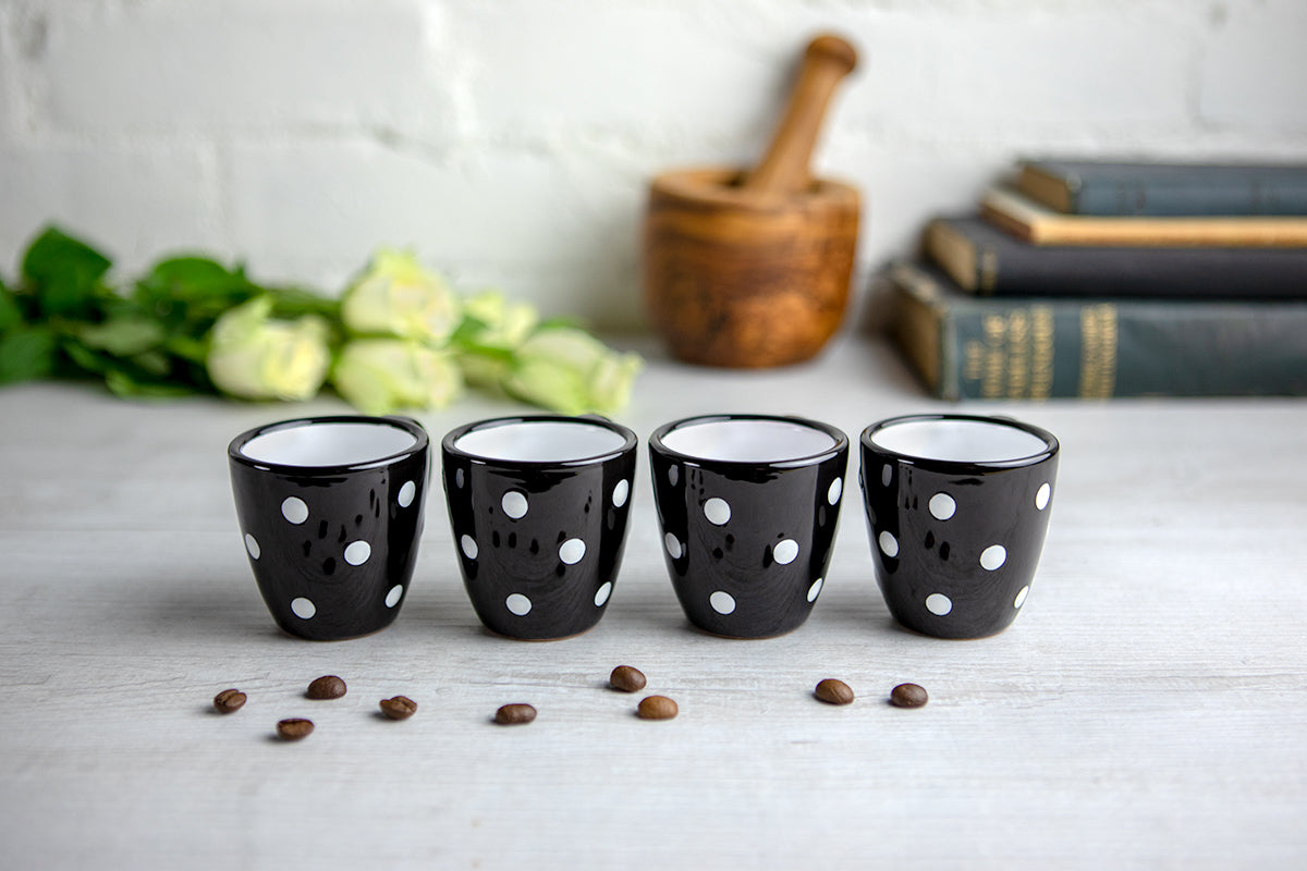 Black And White Polka Dot Spotty Designer Handmade Unique Ceramic 2oz-60ml Espresso Coffee Cup Set of 4