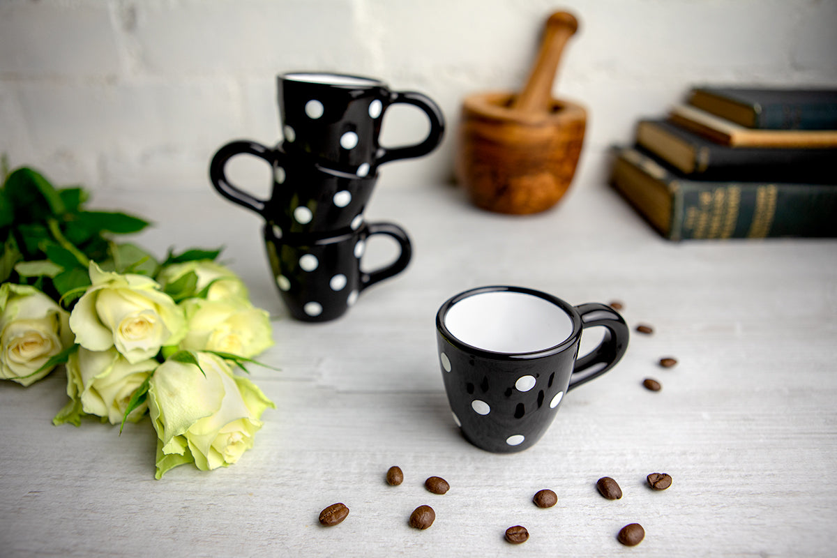 Black And White Polka Dot Spotty Designer Handmade Unique Ceramic 2oz-60ml Espresso Coffee Cup Set of 4