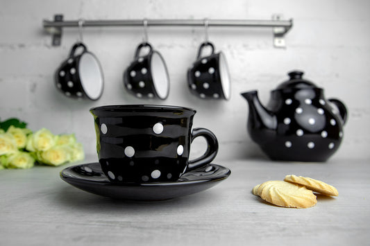 Black And White Polka Dot Spotty Designer Handmade Hand Painted Ceramic 9oz-250ml Cappuccino Coffee Tea Cup with Saucer
