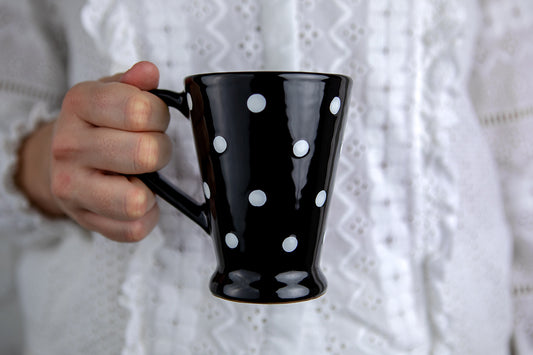 Black And White Polka Dot Spotty Handmade Hand Painted Ceramic Coffee Tea Latte Mug with Large Handle 8 oz - 220 ml