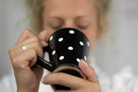 Black And White Polka Dot Spotty Handmade Hand Painted Ceramic Coffee Tea Latte Mug with Large Handle 8 oz - 220 ml