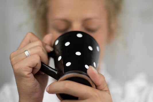 Black And White Polka Dot Spotty Handmade Hand Painted Ceramic Coffee Tea Latte Mug with Large Handle 8 oz - 220 ml