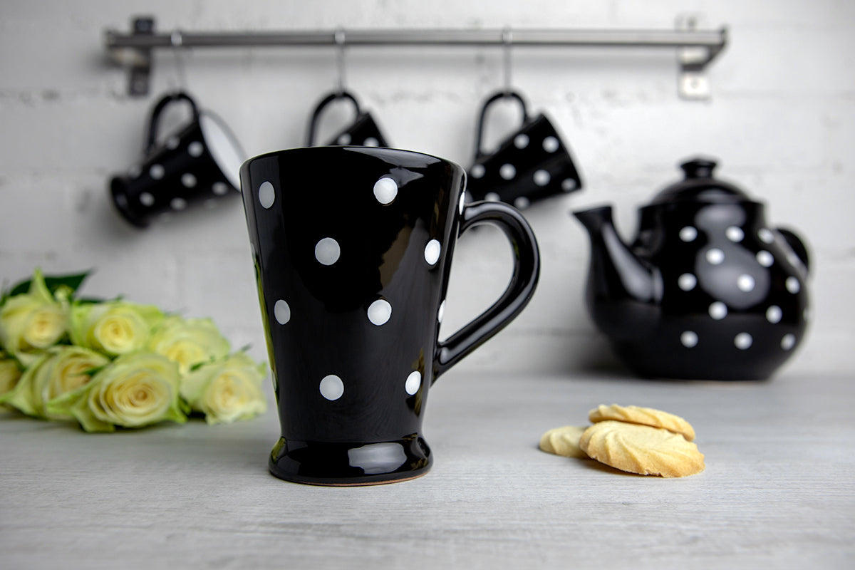 Black And White Polka Dot Spotty Handmade Hand Painted Ceramic Coffee Tea Latte Mug with Large Handle 8 oz - 220 ml