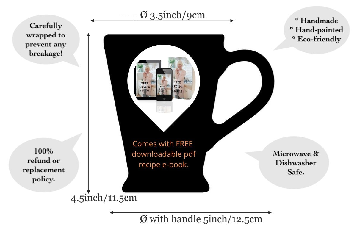 Black And White Polka Dot Spotty Handmade Hand Painted Ceramic Coffee Tea Latte Mug with Large Handle 8 oz - 220 ml