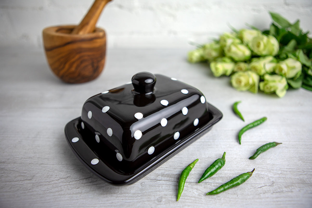 Black And White Polka Dot Spotty Handmade Hand Painted Ceramic Butter Dish With Lid