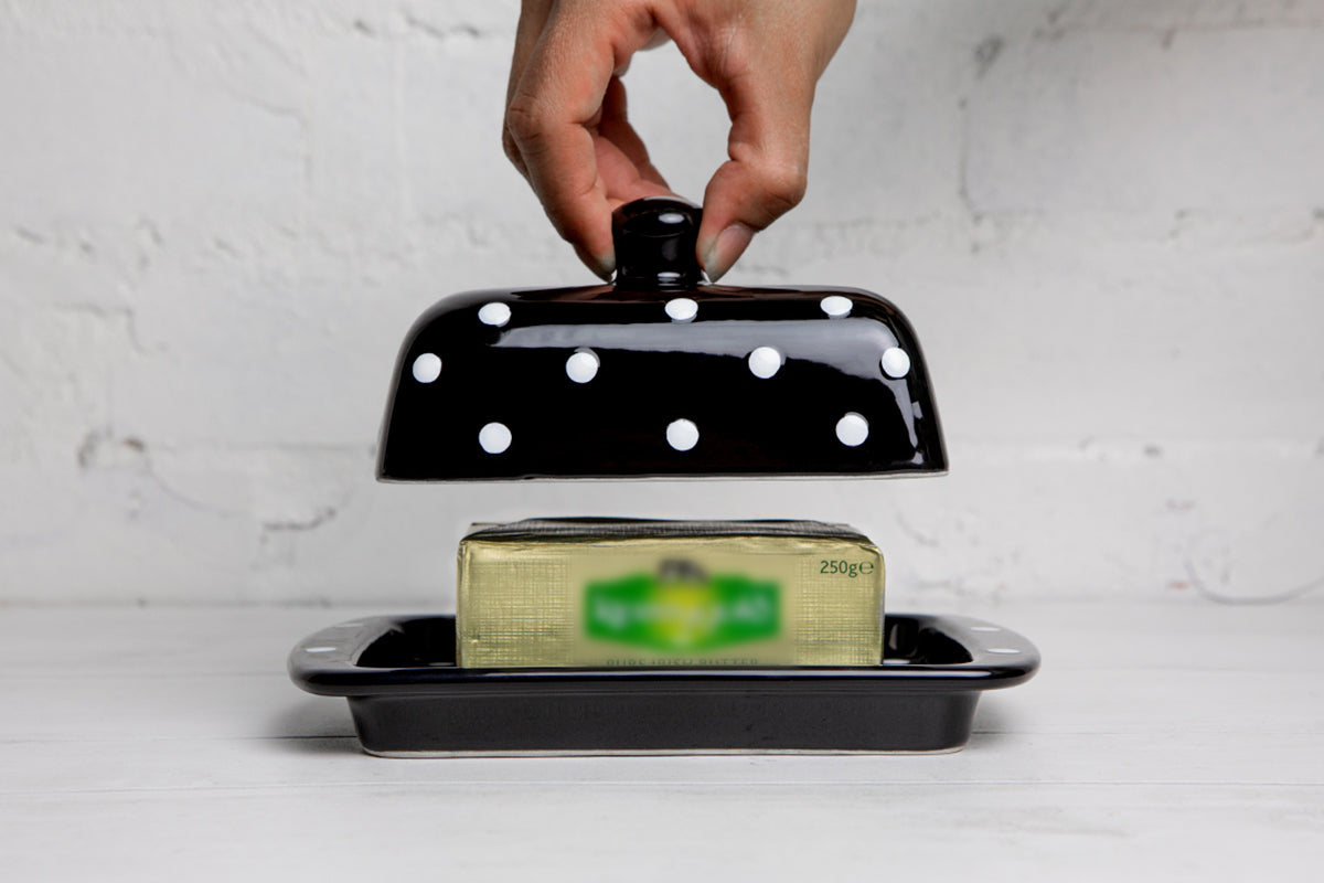 Black And White Polka Dot Spotty Handmade Hand Painted Ceramic Butter Dish With Lid