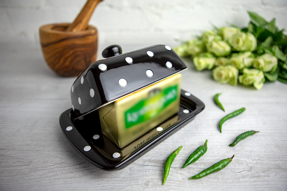 Black And White Polka Dot Spotty Handmade Hand Painted Ceramic Butter Dish With Lid