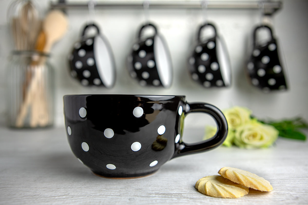 Black And White Polka Dot Spotty Handmade Hand Painted Ceramic Extra Large 17.5oz-500ml Cappuccino Coffee Tea Soup Mug Cup