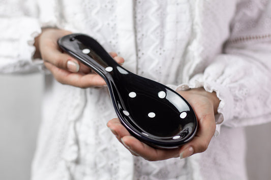 Black And White Polka Dot Spotty Handmade Hand Painted Ceramic Kitchen Cooking Spoon Rest