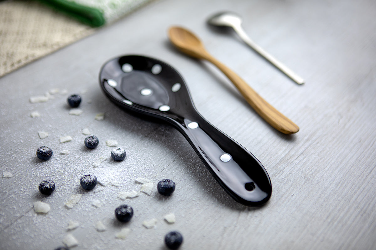 Black And White Polka Dot Spotty Handmade Hand Painted Ceramic Kitchen Cooking Spoon Rest
