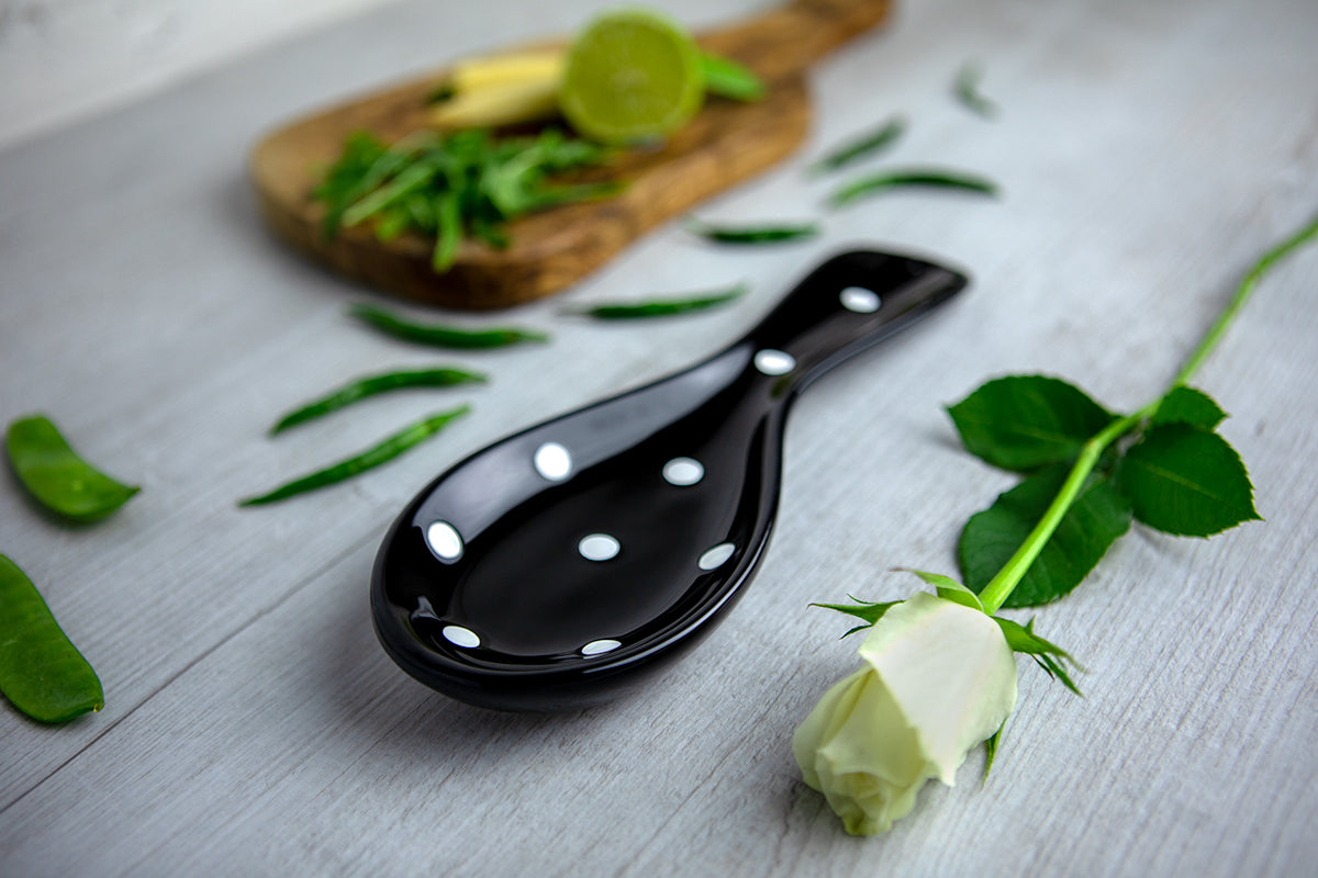 Black And White Polka Dot Spotty Handmade Hand Painted Ceramic Kitchen Cooking Spoon Rest