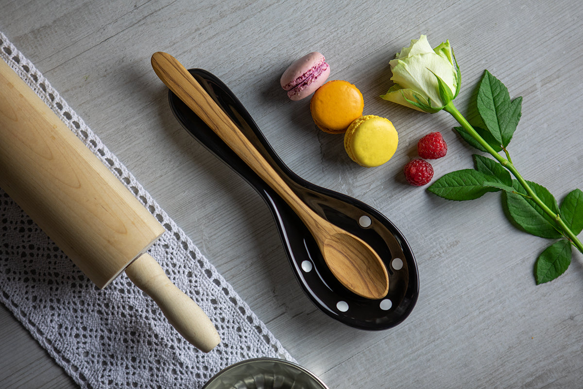 Black And White Polka Dot Spotty Handmade Hand Painted Ceramic Kitchen Cooking Spoon Rest
