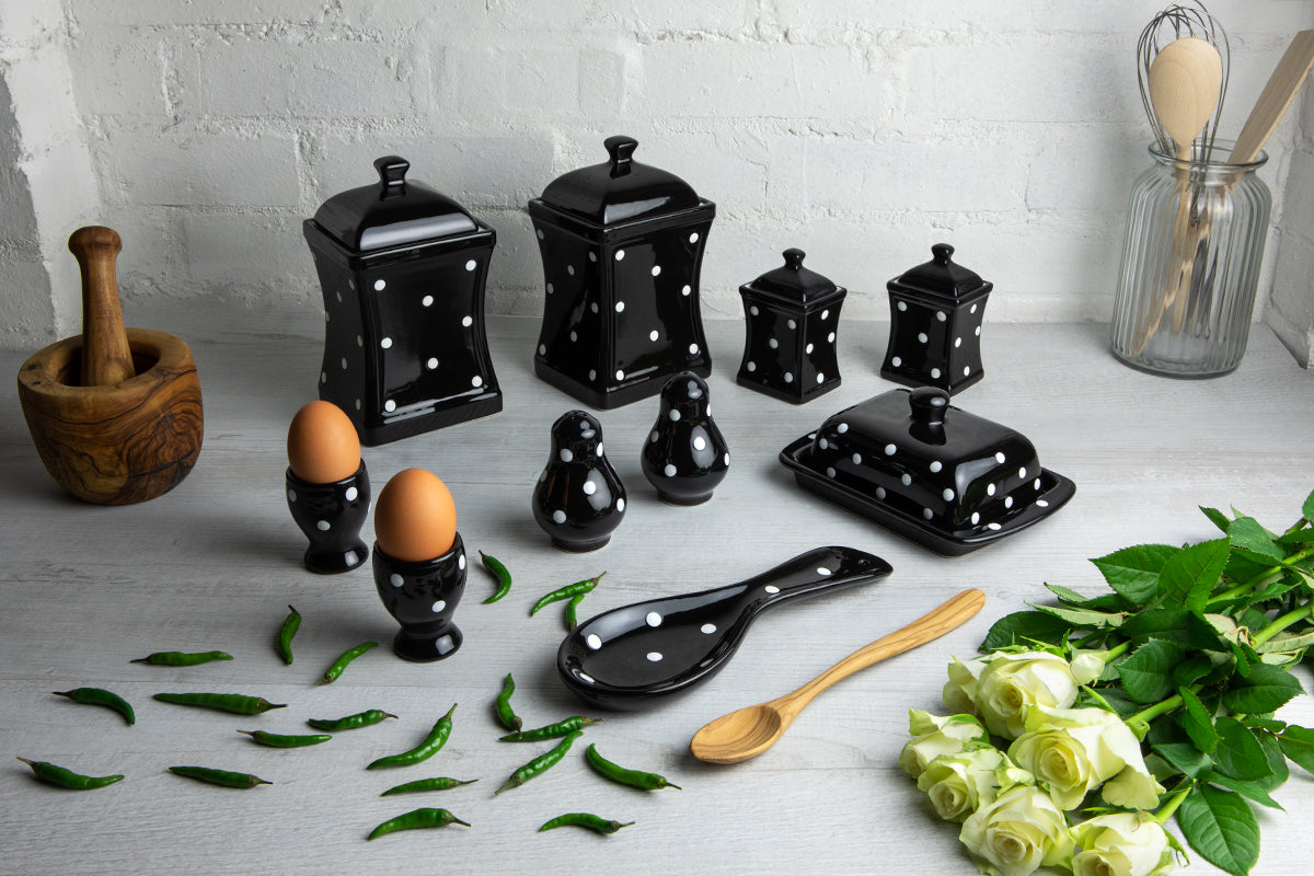 Black And White Polka Dot Spotty Handmade Hand Painted Ceramic Kitchen Serving Storage Set of 10