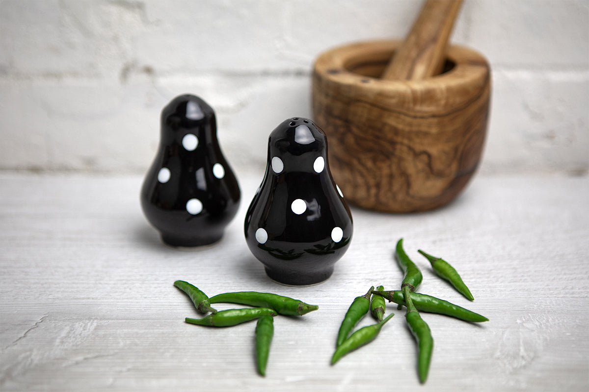 Black And White Polka Dot Spotty Handmade Hand Painted Ceramic Kitchen Serving Storage Set of 10