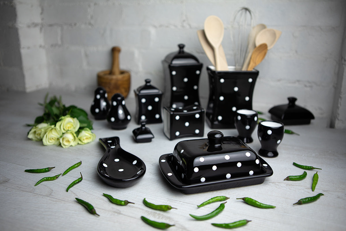Black And White Polka Dot Spotty Handmade Hand Painted Ceramic Kitchen Serving Storage Set of 10