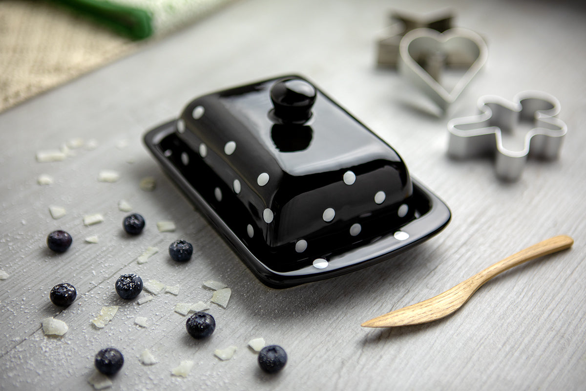Black And White Polka Dot Spotty Handmade Hand Painted Ceramic Kitchen Serving Storage Set of 10