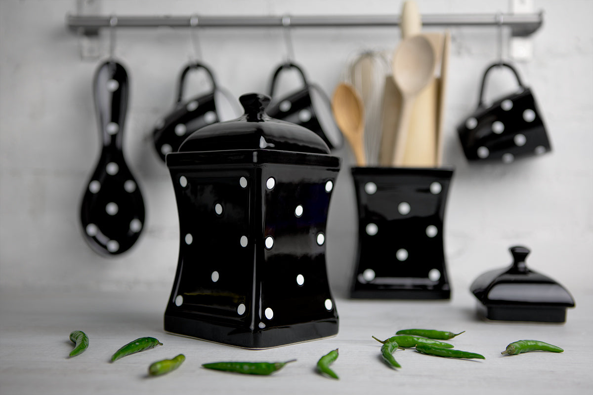 Black And White Polka Dot Spotty Handmade Hand Painted Ceramic Kitchen Serving Storage Set of 10