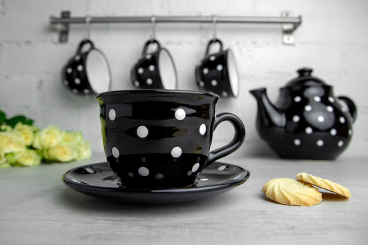 Black And White Polka Dot Spotty Handmade Hand Painted Large Unique Ceramic 12oz-350ml Cappuccino Coffee Tea Cup with Saucer