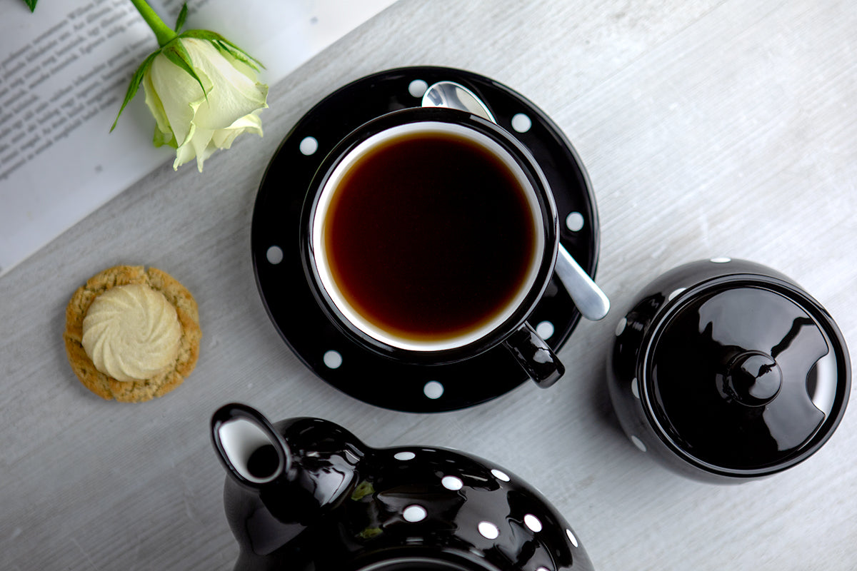 Black And White Polka Dot Spotty Handmade Hand Painted Large Unique Ceramic 12oz-350ml Cappuccino Coffee Tea Cup with Saucer