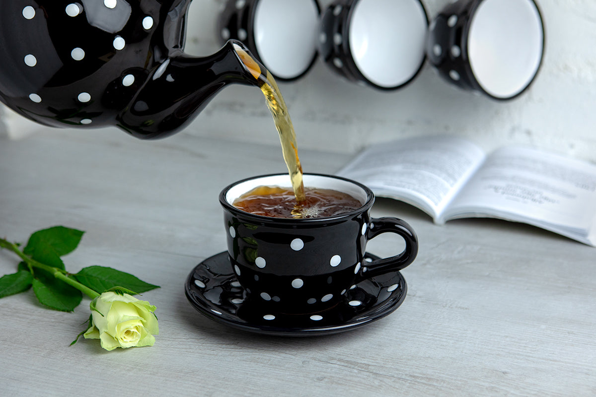 Black And White Polka Dot Spotty Handmade Hand Painted Large Unique Ceramic 12oz-350ml Cappuccino Coffee Tea Cup with Saucer