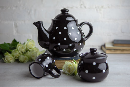 Black And White Polka Dot Spotty Handmade Hand Painted Ceramic Large Teapot Milk Jug Sugar Bowl Set