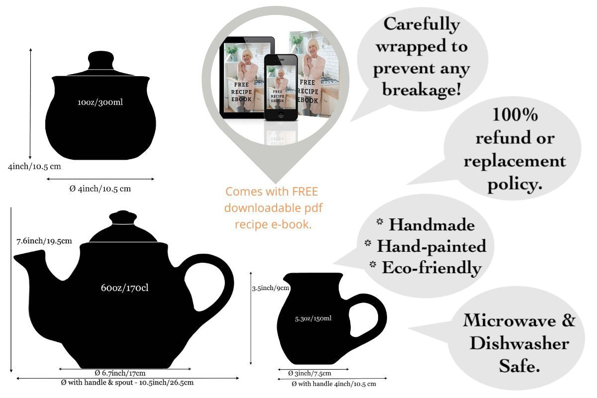Black And White Polka Dot Spotty Handmade Hand Painted Ceramic Large Teapot Milk Jug Sugar Bowl Set