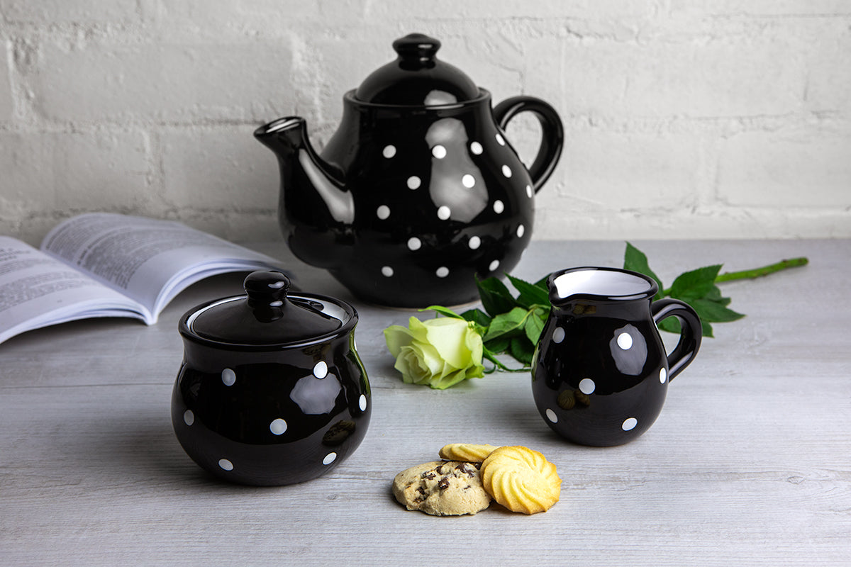Black And White Polka Dot Spotty Handmade Hand Painted Ceramic Large Teapot Milk Jug Sugar Bowl Set