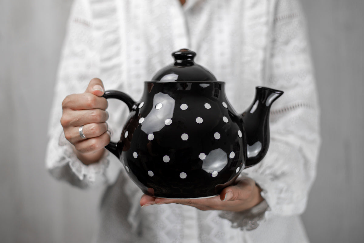 Black And White Polka Dot Spotty Handmade Hand Painted Ceramic Large Teapot Milk Jug Sugar Bowl Set