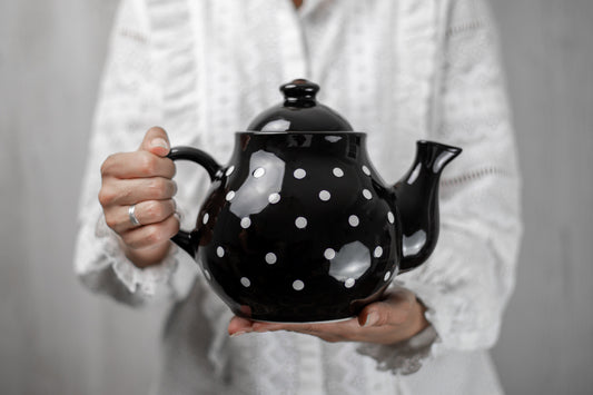 Black And White Polka Dot Spotty Large Handmade Hand Painted Ceramic Teapot with Handle 60 oz / 1.7 l