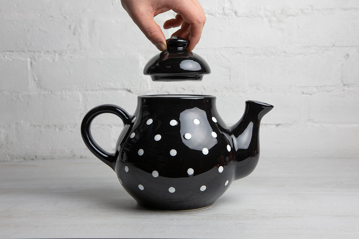 Black And White Polka Dot Spotty Large Handmade Hand Painted Ceramic Teapot with Handle 60 oz / 1.7 l