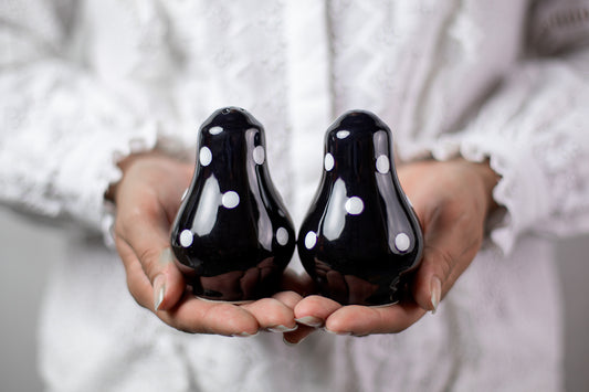 Black And White Polka Dot Spotty Handmade Hand Painted Ceramic Salt and Pepper Shaker Pot